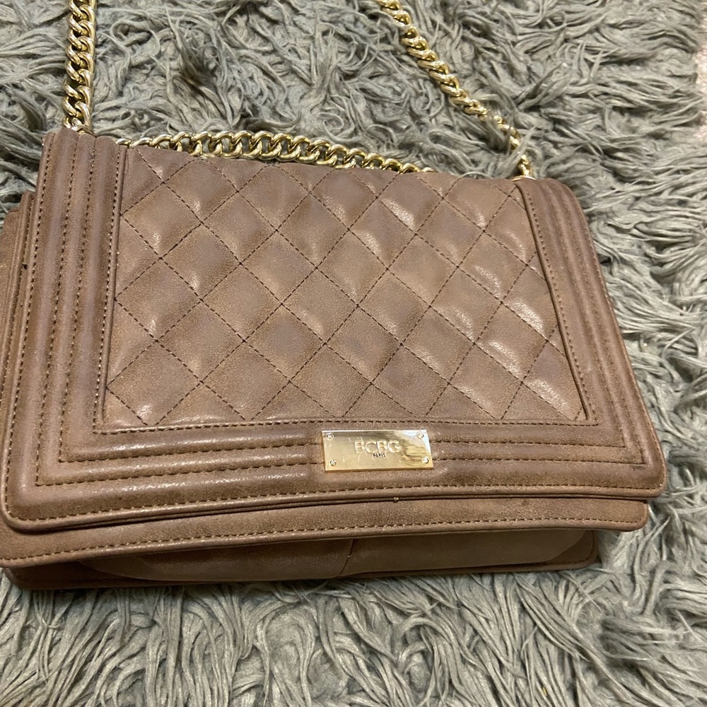 BCBG Paris Taupe Quilted Shoulder Bag with Gold Chain